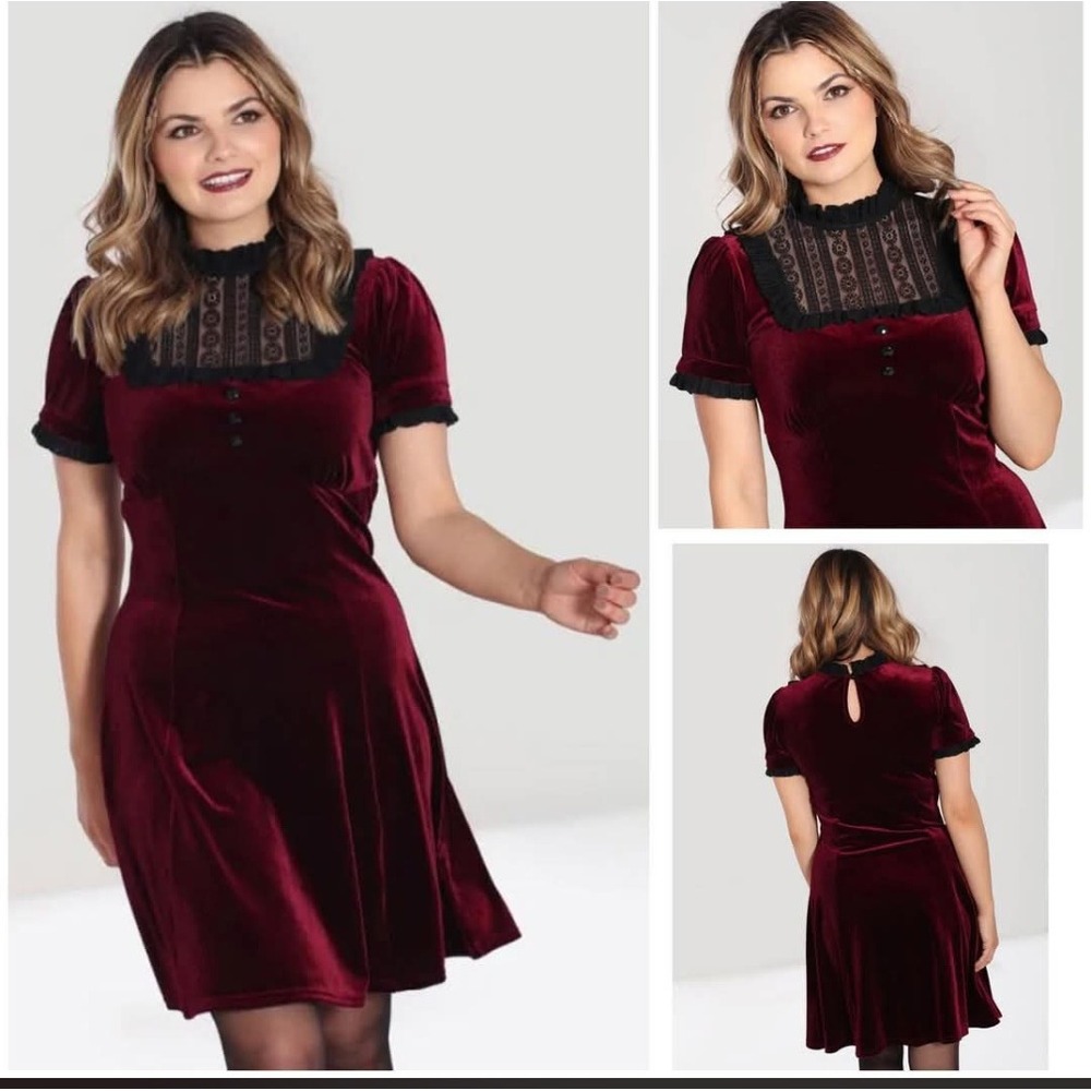 Hell Bunny, 1950s Caroline Mini Velvet Dress, XL, Wine, Romantic Dark Gothic